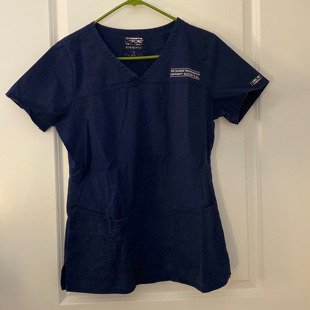 Cherokee scrub top embroidered with “THE GEORGE WASHINGTON UNIVERSITY HOSPITAL”